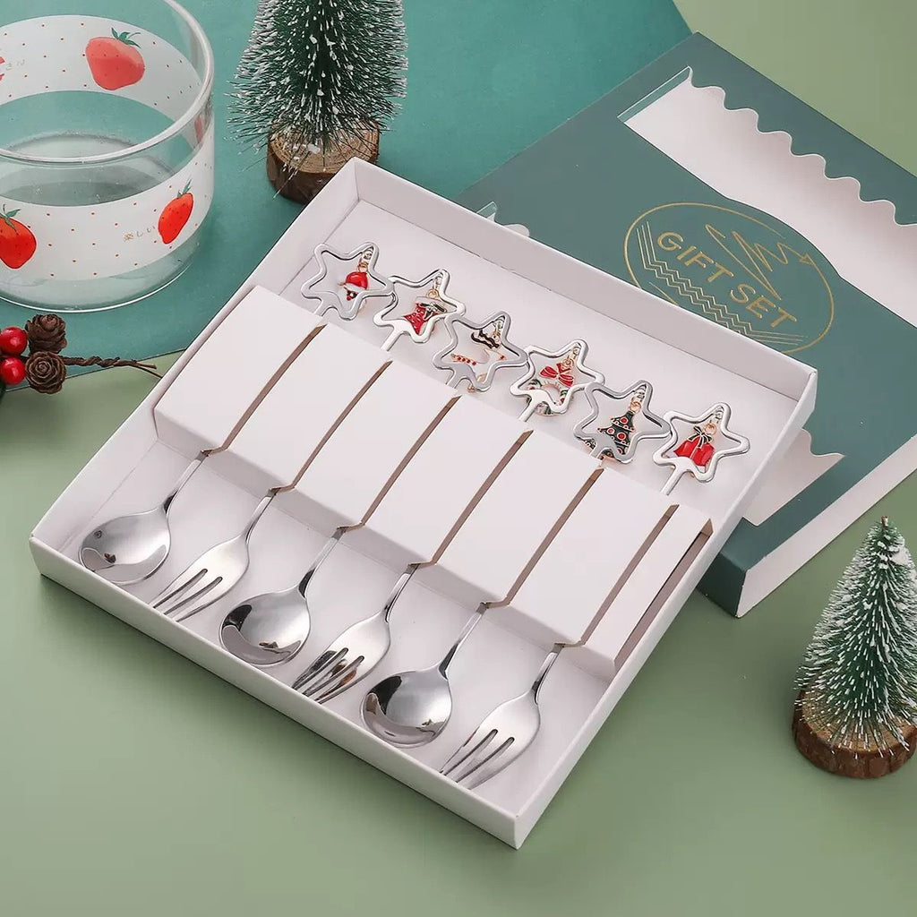 Cute Five-Pointed Star Spoon and Fork Set Stainless Steel Stirring Spoon Dessert Cake Fruit Fork Gift Box Set