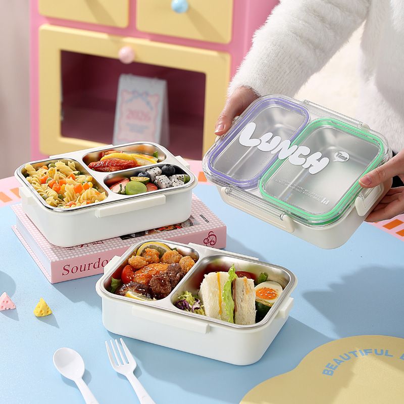 Stylish 304 Stainless Steel Student Compartment Lunch Box Office Worker Lunch Bento Box with Cutlery Food Container