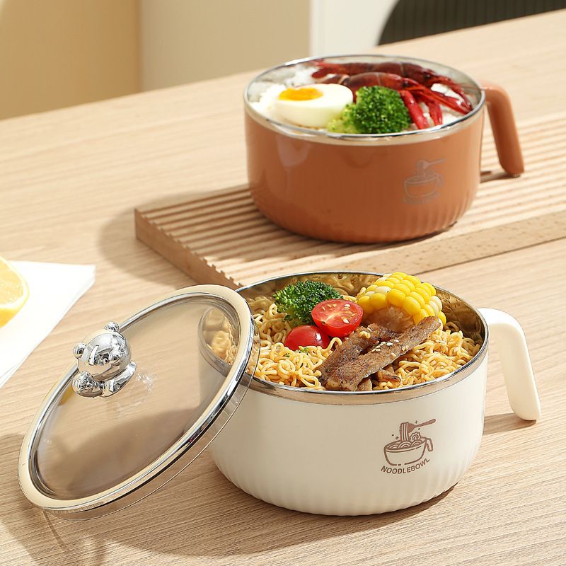 Creative Little Bear Student Dorm 304 Stainless Steel Instant Noodle Bowl Large Capacity with Lid Round Lunch Box Lunch Bento Box