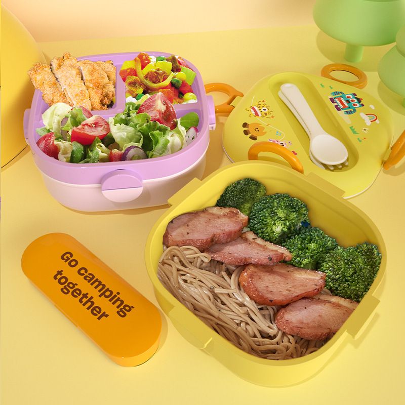 Kids Cartoon Double-Layer Compartment Buckle Lunch Box Student Microwave Safe Lunch Bento Box with Cutlery