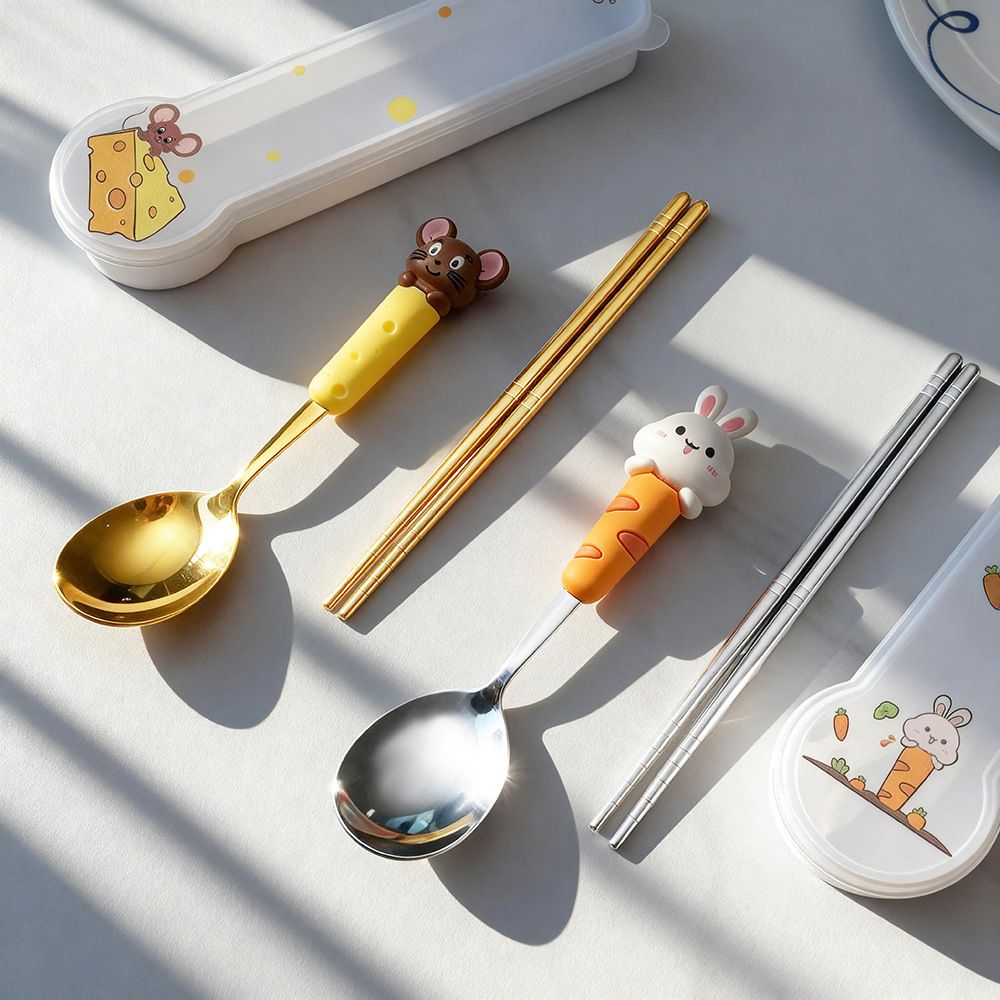 Cartoon Kids Stainless Steel Spoon and Chopsticks Cutlery Chinese Zodiac Spoon Student Tableware with Transparent Box Portable