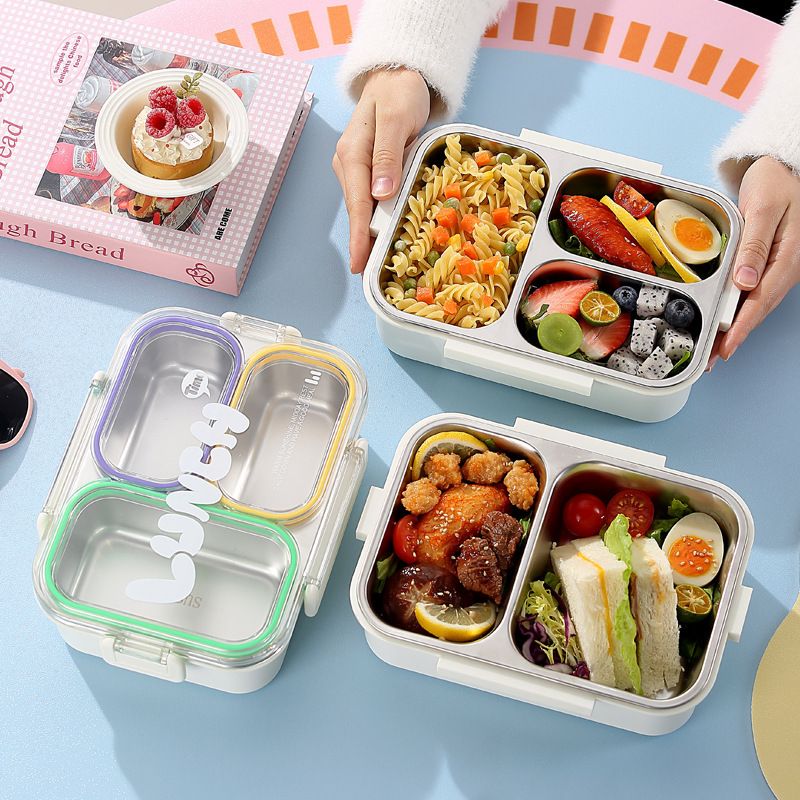 Stylish 304 Stainless Steel Student Compartment Lunch Box Office Worker Lunch Bento Box with Cutlery Food Container