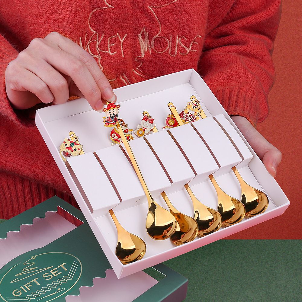 New Year Tableware Spoon and Fork Set Q Cute Year of Dragon Spoon Lucky Cat God of Wealth Fortune Bag Fruit Fork Gift Set