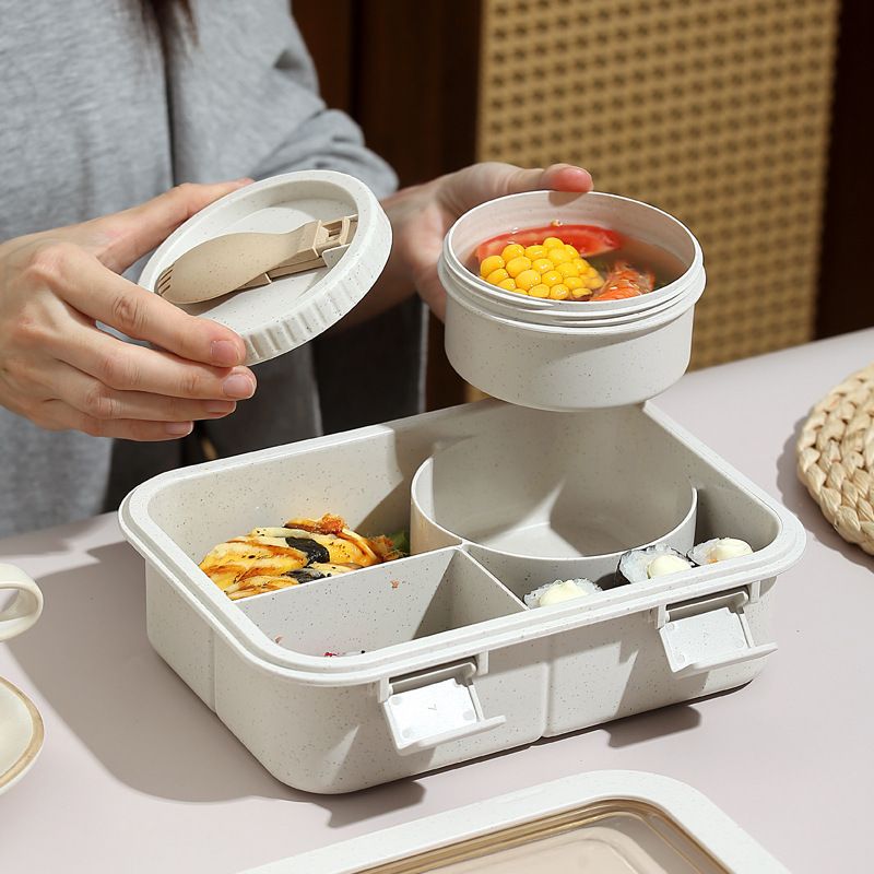 Minimalist Student Wheat Straw Japanese Style Compartment Lunch Box Office Worker Lunch Bento Box Microwave Safe with Lid