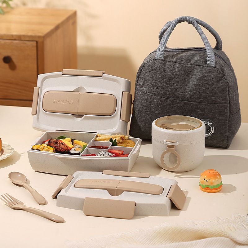 Minimalist Wheat Compartment Lunch Box with Cutlery Office Worker Microwave Safe Portable Lunch Bento Box