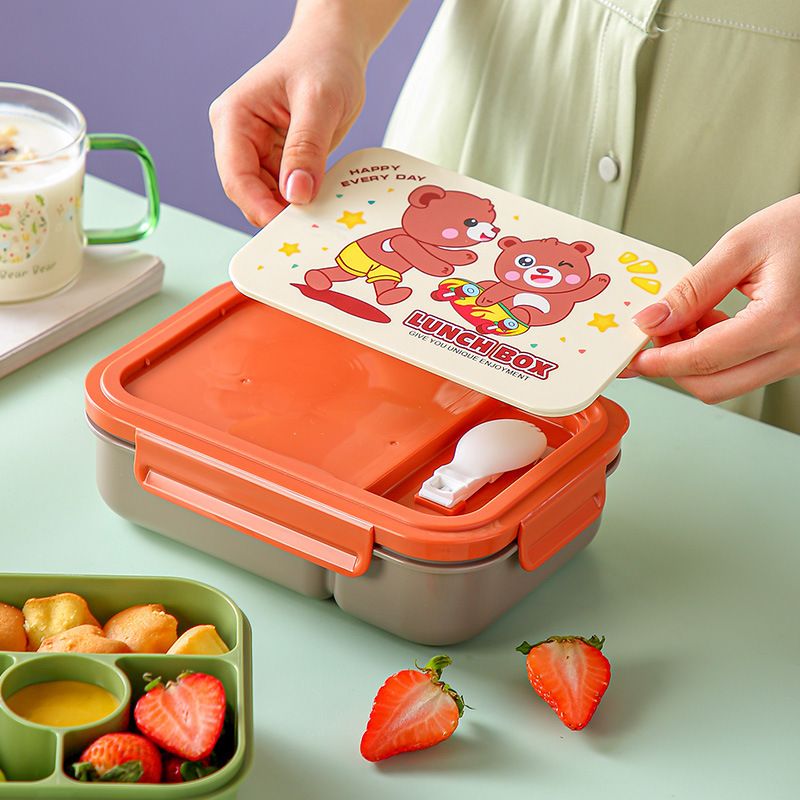Cartoon Kids Compartment Plastic Lunch Box Large Capacity Student Lunch Bento Box Sauce Compartment Camping Food Container