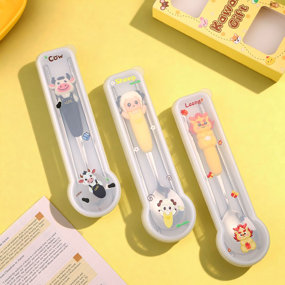 Cartoon Kids Stainless Steel Spoon and Chopsticks Cutlery Chinese Zodiac Spoon Student Tableware with Transparent Box Portable