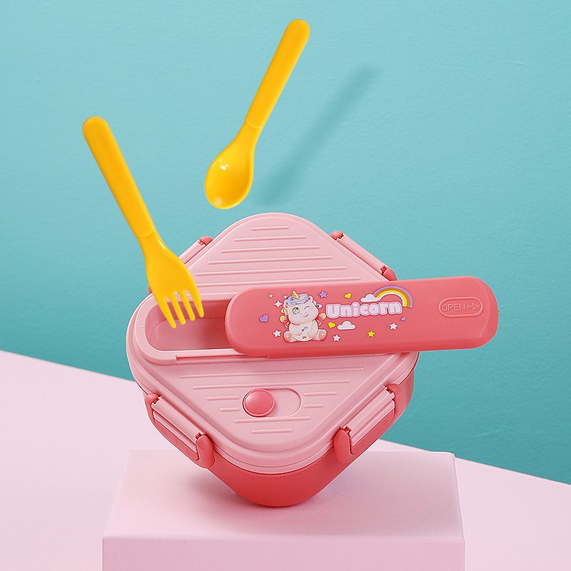 Cartoon Student Compartment Plastic Lunch Box with Spoon and Fork Kids Lunch Bento Box Outdoor Portable Travel Food Container
