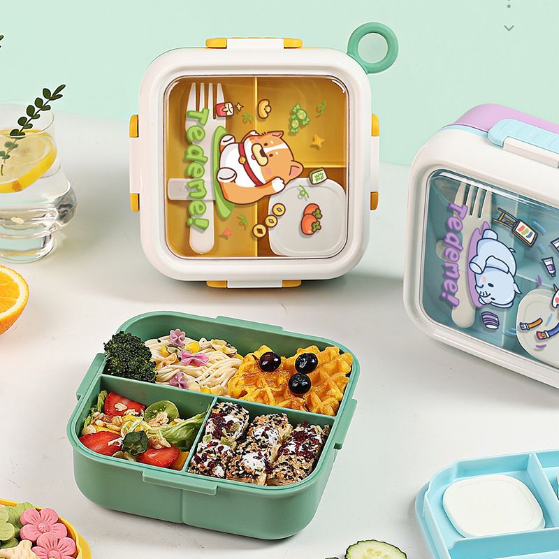 Student Square Cartoon Plastic Compartment Lunch Box Office Worker Food Container Microwave Safe Lunch Bento Box