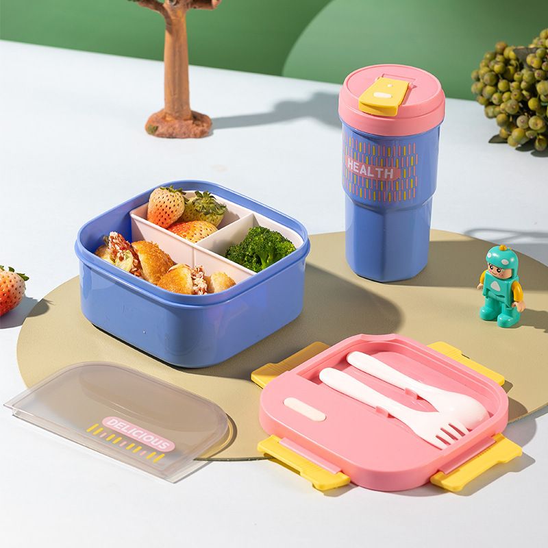 Minimalist Office Worker Square Compartment Plastic Lunch Box with Cutlery Microwave Safe Food Container Water Cup Set
