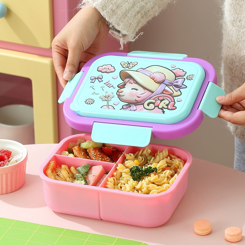 Cartoon Cute Kids Compartment Plastic PP Lunch Box Student Lunch Bento Box with Lid with Spoon and Fork Buckle Food Container