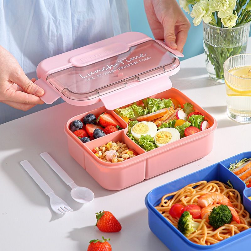 Japanese Style Student Plastic Lunch Box Compartment with Lid Tableware Spoon and Fork Office Worker Lunch Bento Box Microwave Safe