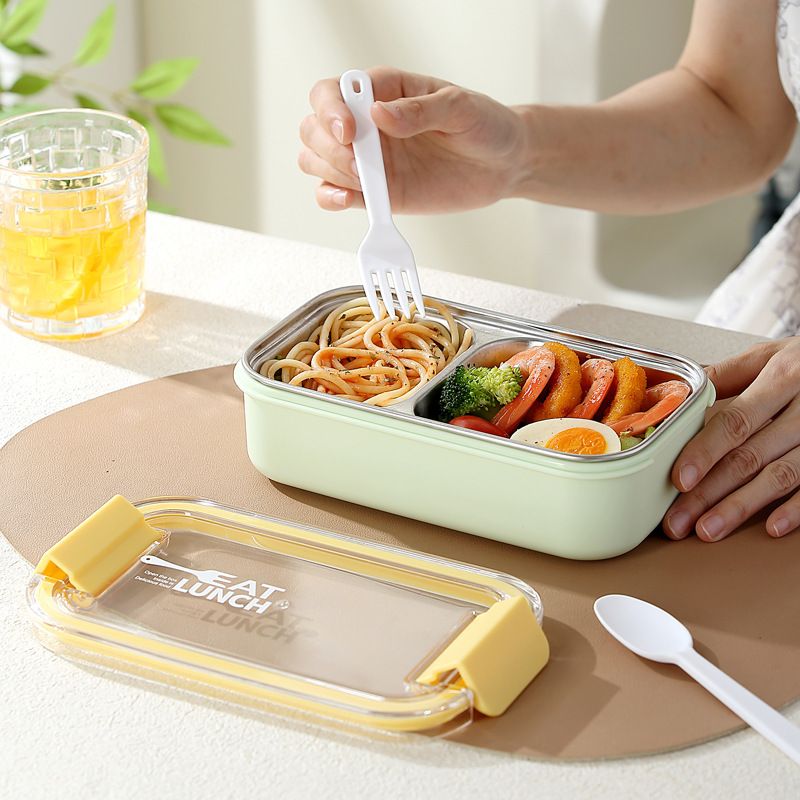 Student 304 Stainless Steel Compartment Lunch Box Office Worker Portable Lunch Bento Box Dorm Takeout Food Container with Spoon and Fork