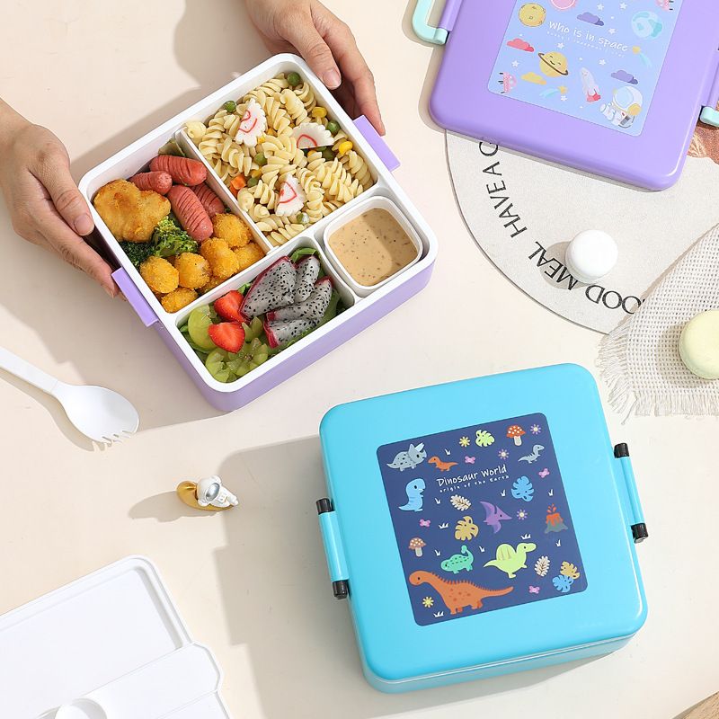 Student Plastic Compartment Lunch Box Kids Travel Portable Food Container with Cutlery Sauce Box Bento Box