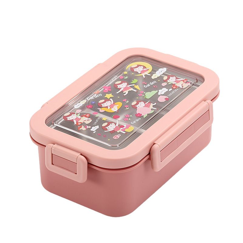 Student 304 Stainless Steel Compartment Cartoon Lunch Box Office Worker Takeout Buckle Bento Box with Cutlery