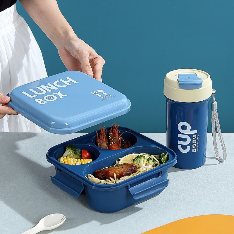 Minimalist Student Buckle PP Square Lunch Box Office Worker Cafeteria Takeout Lunch Bento Box Water Cup Set Microwave Safe