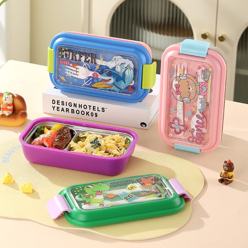 Kids Cartoon Plastic Compartment Lunch Box Dessert Food Container Student Lunch Bento Box with Lid Tableware Spoon and Fork