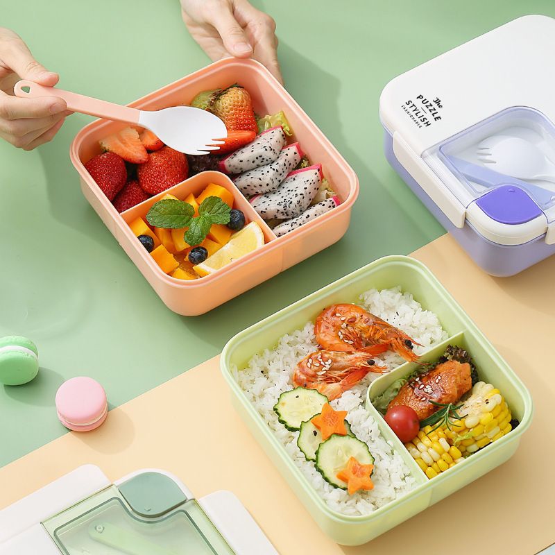 Student INS Puzzle Compartment Lunch Bento Box Office Worker Cafeteria Plastic Lunch Box Microwave Safe Heating with Cutlery