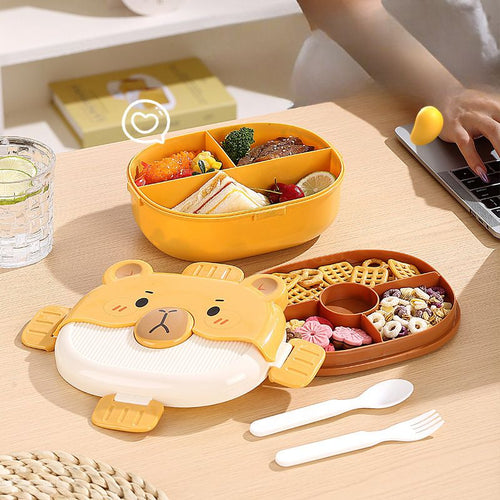 Cartoon Compartment Double-Layer Student Lunch Box with Cutlery Kids Lunch Bento Box Travel Food Container Sauce Box