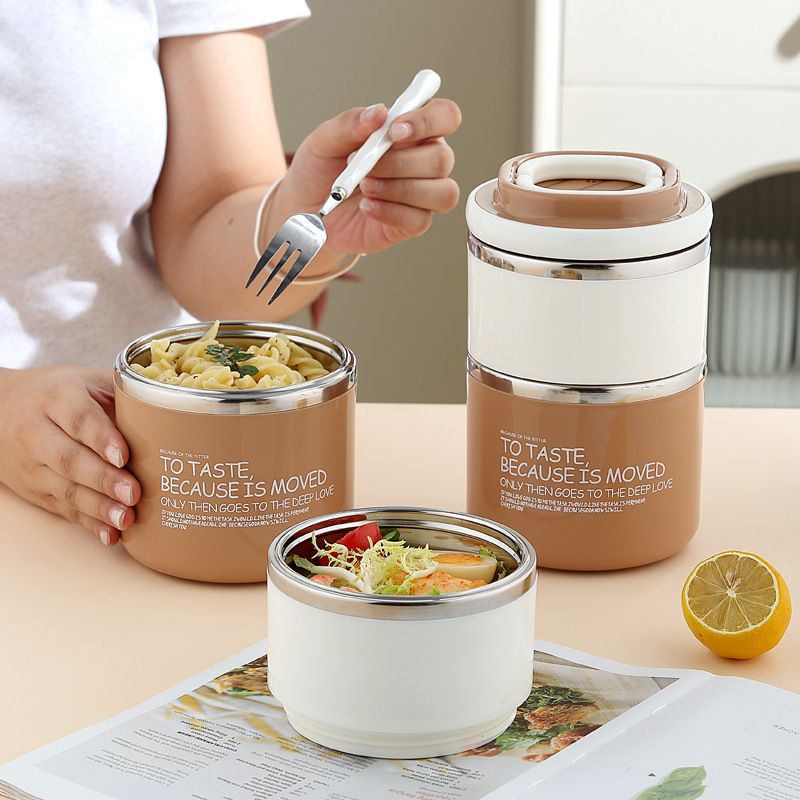Creative Student Single/Double Layer 304 Stainless Steel Round Bucket Lunch Box Office Worker Portable Lunch Bento Box with Lid