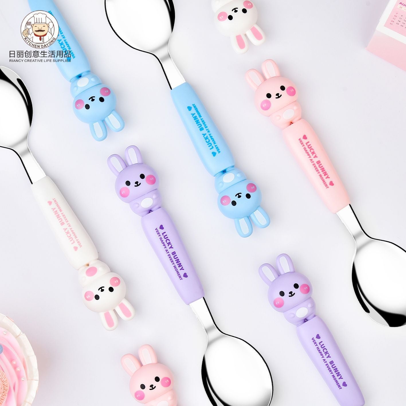 Cartoon Rabbit Student Spoon, Fork and Chopsticks 3-Piece Set with Box Kids Portable Eating Tableware Set Gift