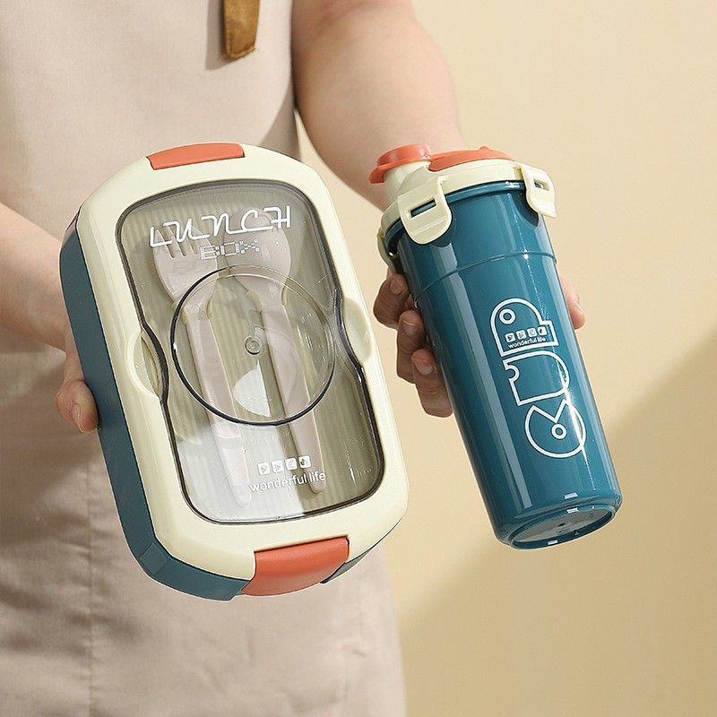 Plastic Office Worker Portable Compartment Lunch Box Microwave Safe Heating Student Minimalist Lunch Box and Water Cup Set