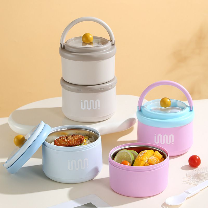 Office Worker Portable 304 Stainless Steel Soup Cup and Porridge Jar Single/Double Layer Round Bucket Lunch Box Student Bento Box