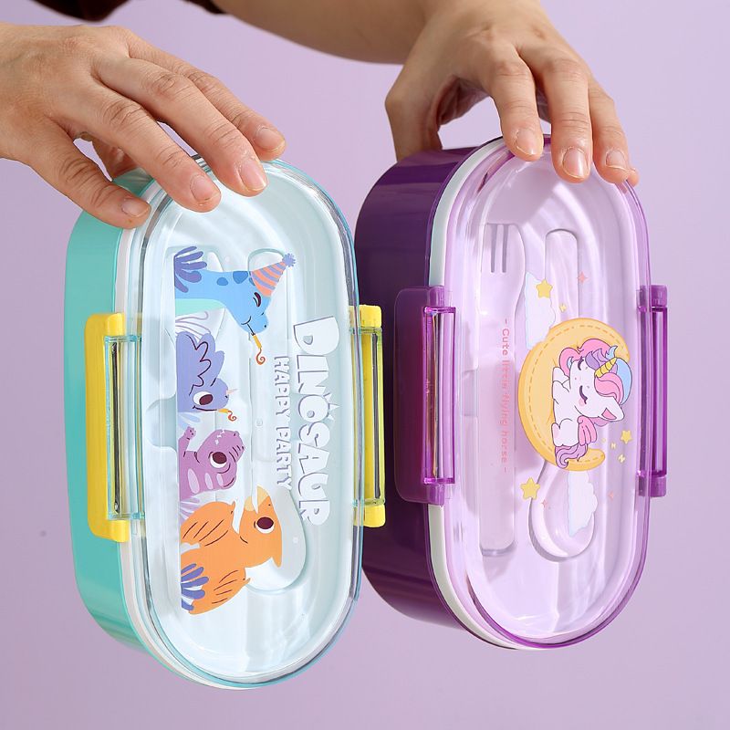 Kids Cartoon Plastic Lunch Box Student Lunch Bento Box with Cutlery Outdoor Portable Food Container