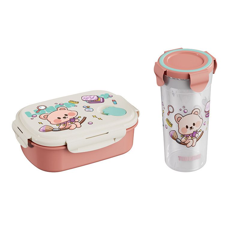 Cartoon Plastic Student Compartment Lunch Box Microwave Safe Kids Picnic Food Container Bento Box Water Cup Set
