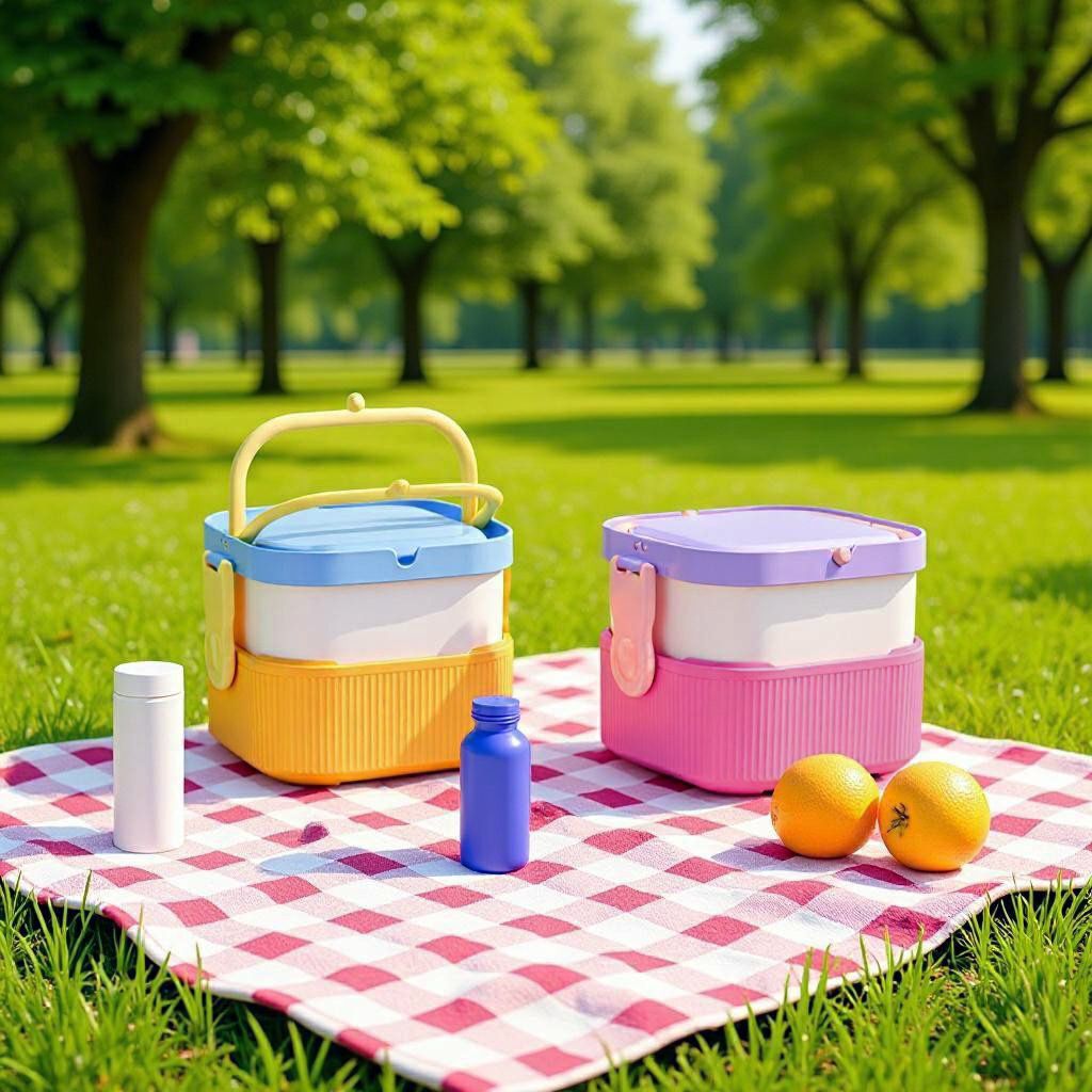 Kids Picnic Camping Portable Double-Layer Lunch Box with Handle Student Small Square Buckle Lunch Bento Box Fork