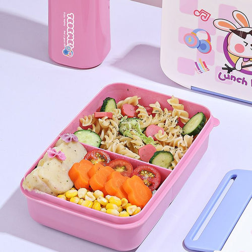 Cartoon Compartment Plastic Lunch Box and Water Cup Set Student Lunch Bento Box Microwave Safe Travel Food Container