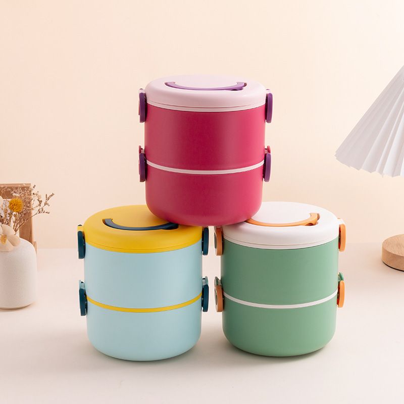 Minimalist Student 304 Stainless Steel Double-Layer Round Bucket Lunch Box Kids Portable Portable Lunch Bento Box