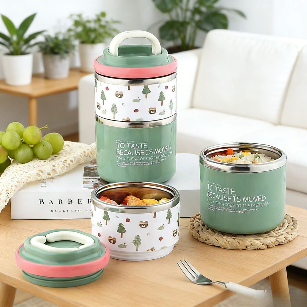 Student Minimalist Double-Layer 304 Stainless Steel Round Bucket Lunch Box Office Worker Lunch Bento Box Portable Food Container