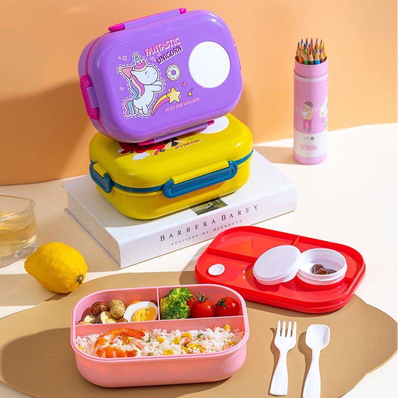 Cartoon Kids Compartment Plastic Lunch Box Student Large Capacity Buckle Lunch Bento Box with Cutlery Sauce Box