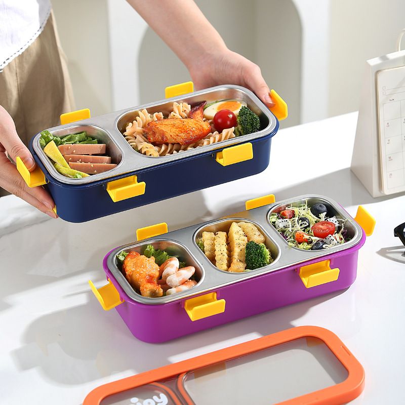 Minimalist Student Compartment Rectangular Lunch Box Cafeteria Takeout 304 Stainless Steel Lunch Bento Box with Lid with Spoon and Fork