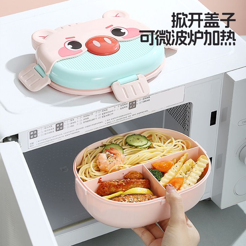 Student Cartoon Compartment Double-Layer Lunch Box with Cutlery Kids Portable Lunch Bento Box Travel Food Container