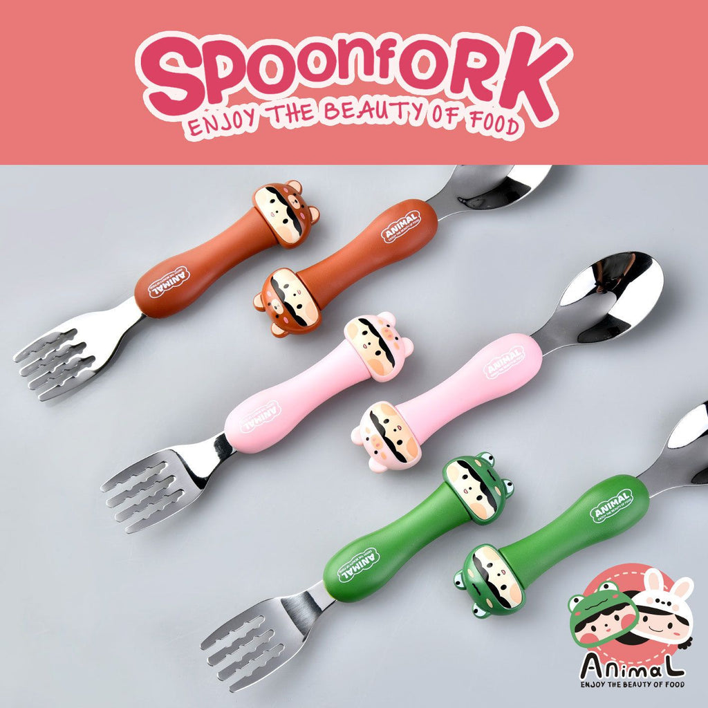 Cartoon 304 Stainless Steel Kids Tableware Set 2-Piece Set Creative Portable Travel Student Spoon and Fork Set Gift