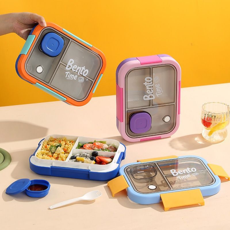 Korean Style Student Compartment Plastic Lunch Box with Cutlery Sauce Box Microwave Safe Minimalist Bento Box