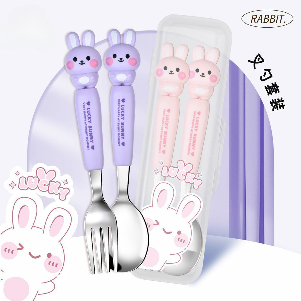 Cartoon Rabbit Stainless Steel Cute Kids Tableware Set Student Portable Spoon and Fork 2-Piece Set Eating Spoon Gift