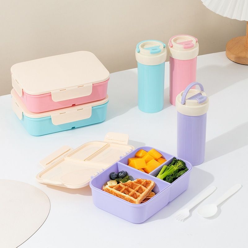 Student Rectangular Plastic PP Flip-Top Compartment Lunch Box and Water Cup Office Worker Microwave Safe Lunch Bento Box