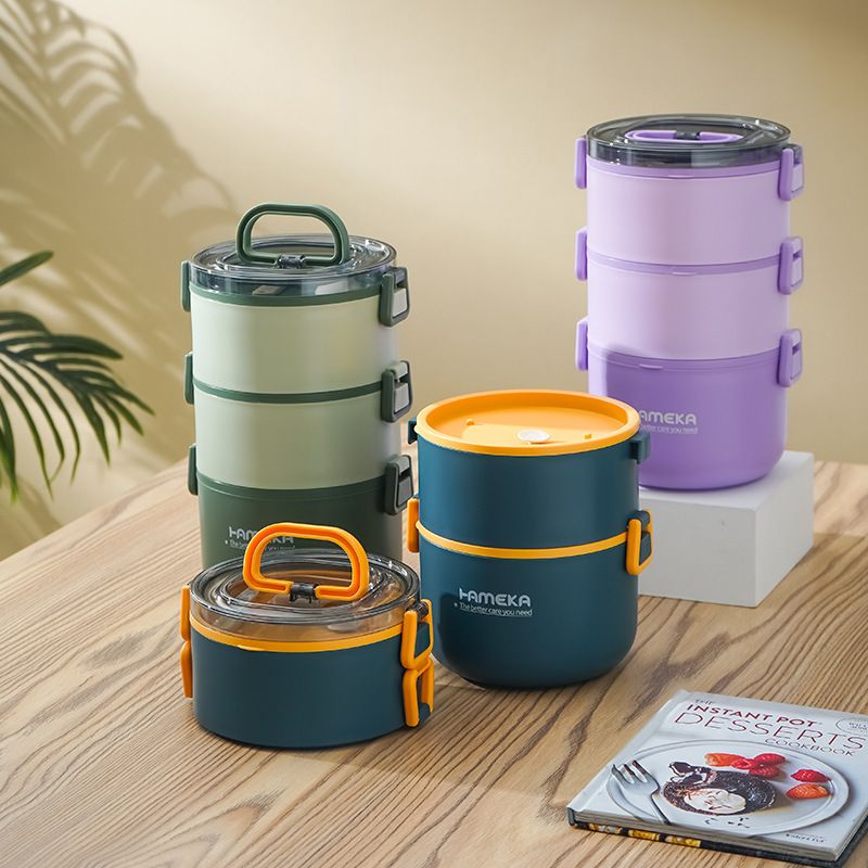 Office Worker 304 Stainless Steel Large Capacity Round Portable Lunch Box Multi-Layer Lunch Box Bucket Bento Box