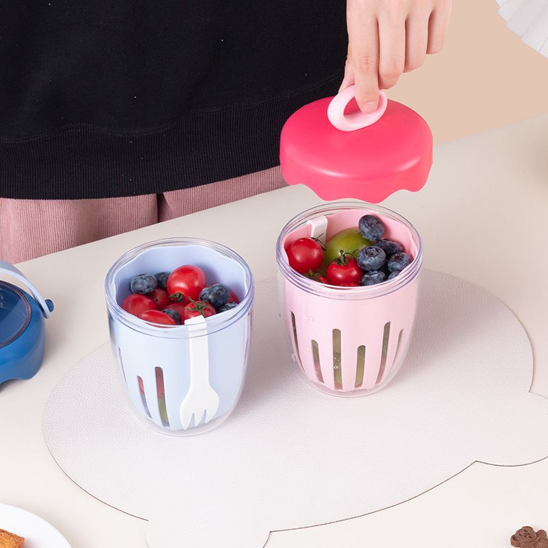 Student Minimalist Stylish Draining Double-Layer Fruit Cup Portable Oatmeal Cup Fork Salad Cup