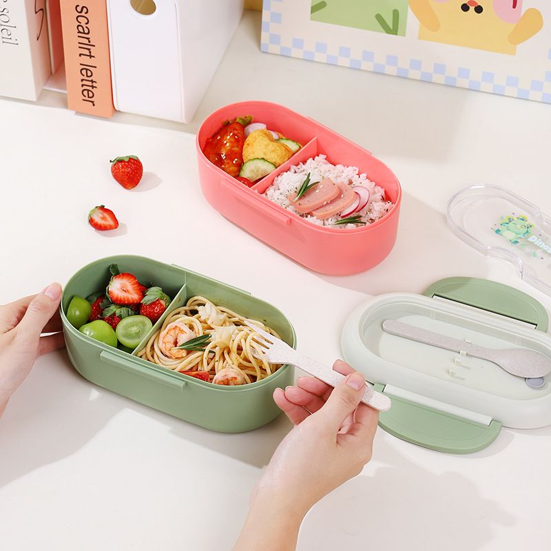 Minimalist Cartoon Plastic Compartment Lunch Box with Cutlery Student Microwave Safe Bento Box Buckle Food Container