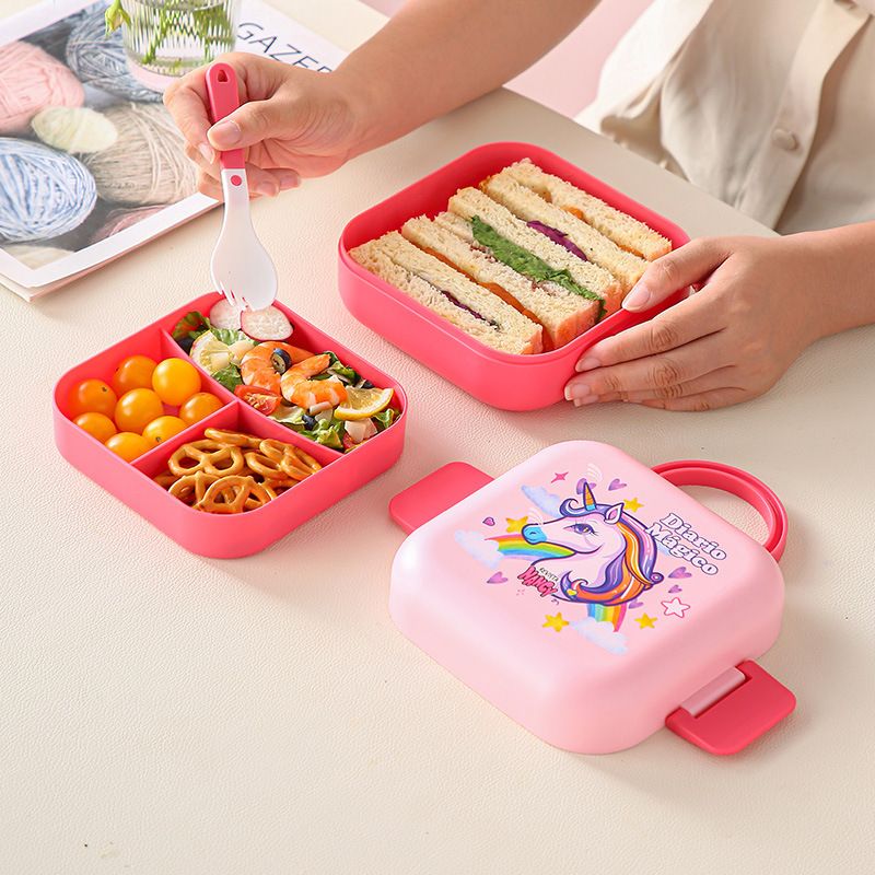 Cartoon Square Double-Layer Student Lunch Box Outdoor Portable Light Food Container Office Worker Lunch Bento Box