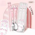 Cartoon Rabbit Student Spoon, Fork and Chopsticks 3-Piece Set with Box Kids Portable Eating Tableware Set Gift