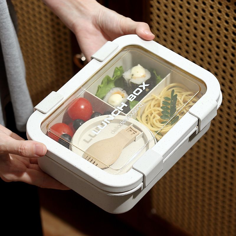 Minimalist Student Wheat Straw Japanese Style Compartment Lunch Box Office Worker Lunch Bento Box Microwave Safe with Lid