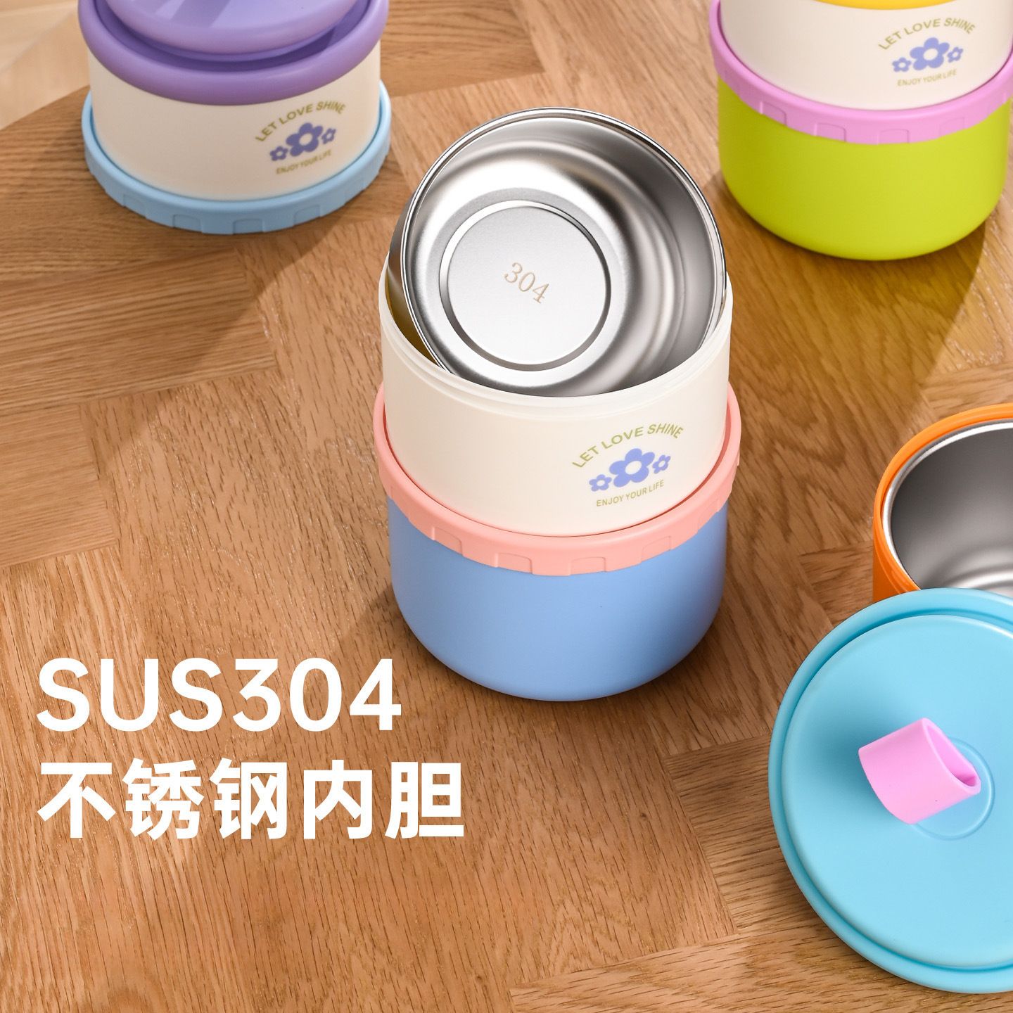 Cartoon Double-Layer Student 304 Stainless Steel Round Lunch Box Office Worker Meal Prep Lunch Bento Box Large Capacity