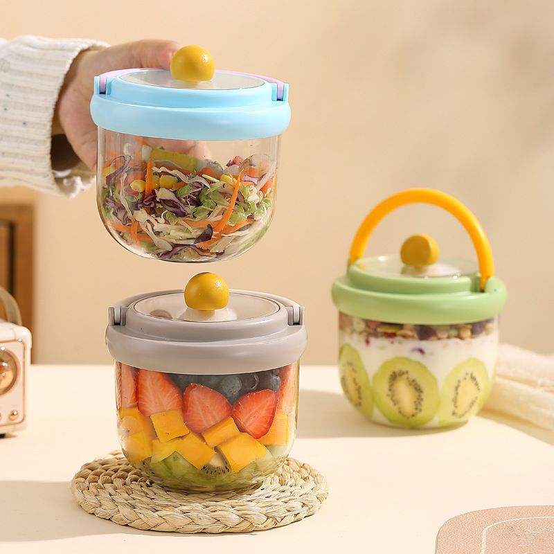 Stylish Student Breakfast Cup Oatmeal Cup with Lid Tableware Round Fresh-Keeping Storage Portable Lunch Box