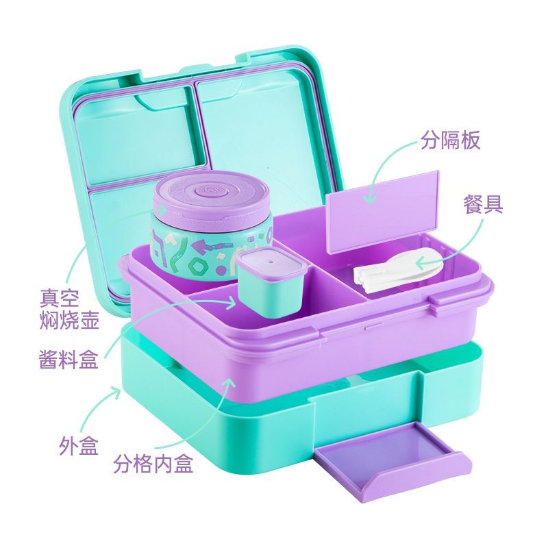 Student Cartoon Plastic Large Capacity Compartment Lunch Box with Handle Soup Bowl Kids Portable Lunch Bento Box