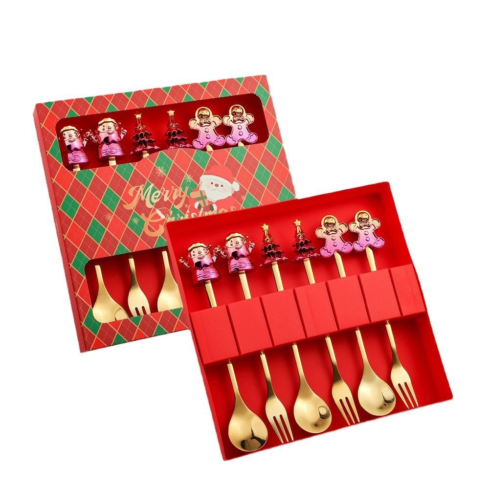Colorful Christmas Spoon and Fork Set Iridescent Dessert Spoon Fruit Fork Tableware Gift Box Christmas Reindeer Coffee Spoon
